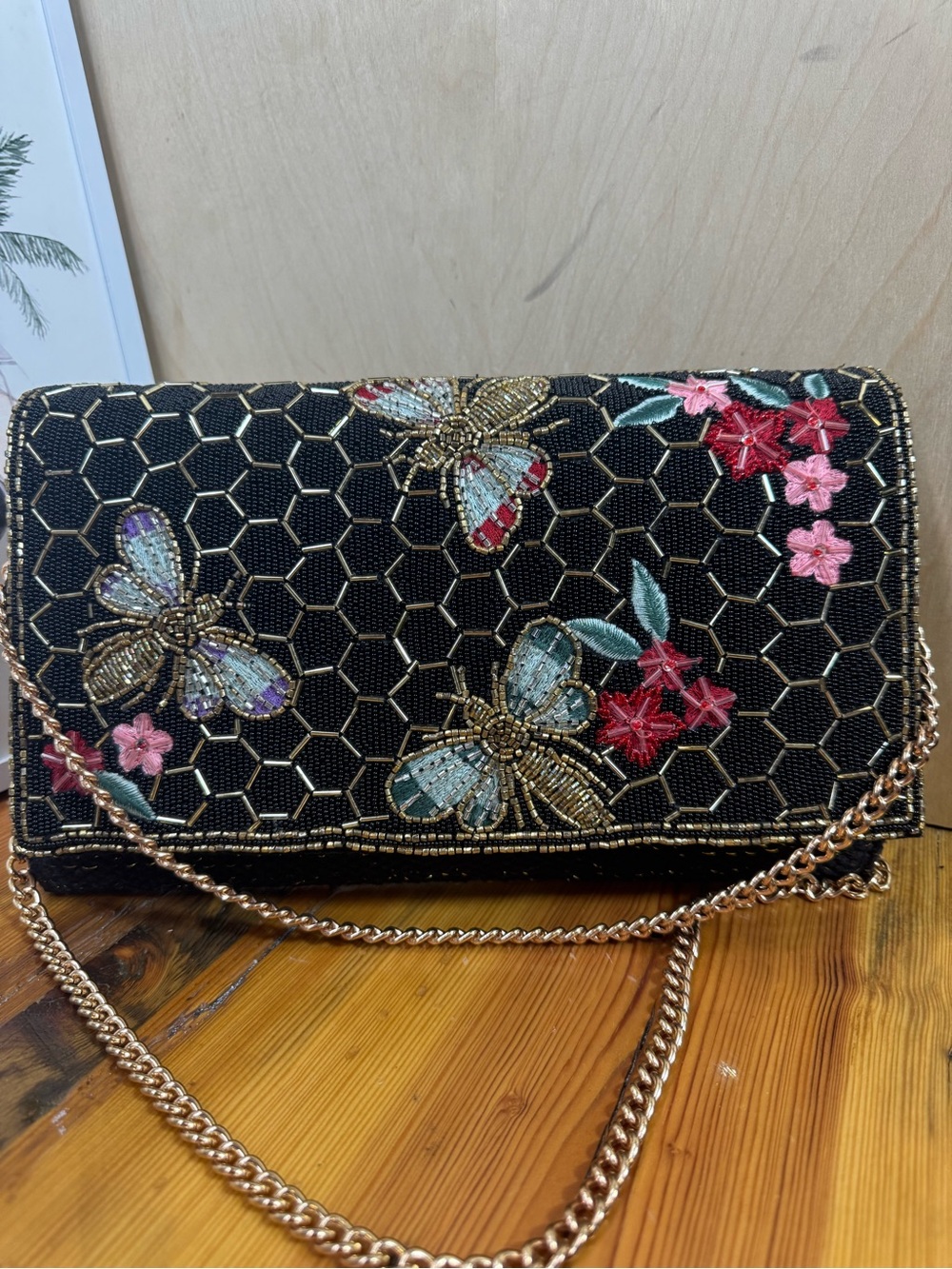 Black Beaded Floral & Butterfly Chain Clutch